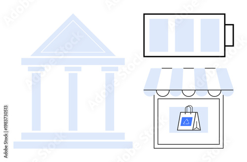 Financial services, e-commerce, business transactions, retail banking, shop management, consumer purchases. Icon of a bank building next to a retail store with a shopping bag. Financial services