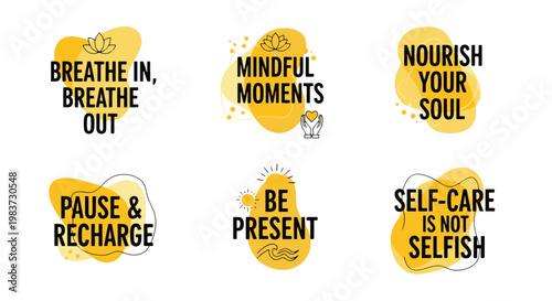 Collection of Calming Self care Quotes with Abstract Yellow Shapes and Icons