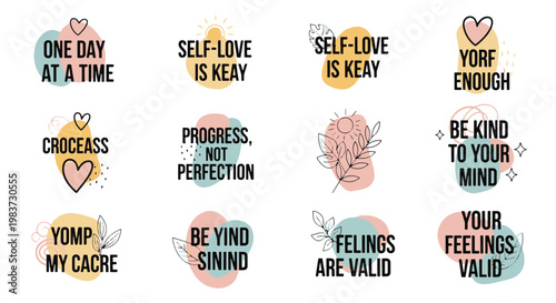 Collection of Motivational Quotes and Self love Affirmations with Hand drawn Elements