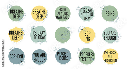 Collection of Motivational Quotes and Affirmations in Decorative Circles with Floral Elements