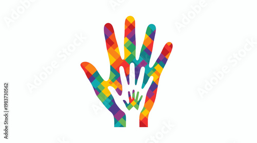 Family Hands in a Vibrant Geometric Mosaic Pattern Symbolizing Unity and Diverse Community Support