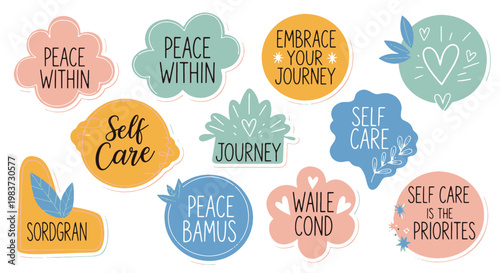 Collection of Positive Self care and Wellness Phrases and Symbols in Diverse Shapes and Colors