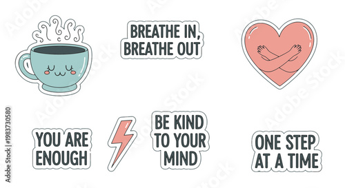 Cute Kawaii Stickers Collection Self care Quotes Coffee Cup and Heart Hug