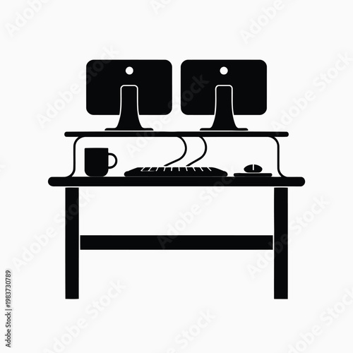 Illustration of modern interior combining kitchen utensils and tools with office furniture and workspace elements