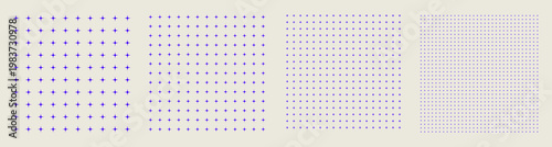 Square grid collection star geometry, four samples blueprint style. Node point lattice structure, interface layouts editorial compositions planning sheets dashboards digital technology graphics.
