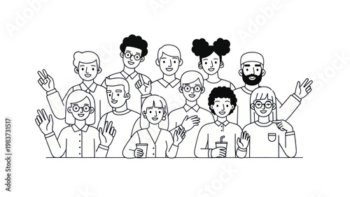 Diverse group of people waving and smiling, showcasing unity and community spirit.