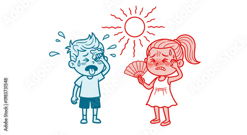 Children Suffering from Heatstroke and Summer Dehydration Vector Illustration, Depicting Kids Feeling Hot Under Intense Sun with Hand Fan and Sweat, Conceptual Health Graphic