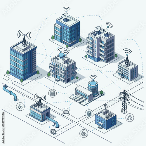 Smart City Network - Buildings Connected by Wireless Technology.