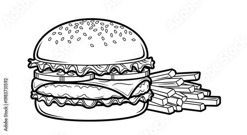 Cheeseburger and French Fries Vector Illustration, Black and White Line Art Drawing for Coloring Book Page or Fast Food Menu Design