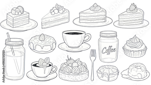 Hand drawn line art illustration of various desserts and beverages.