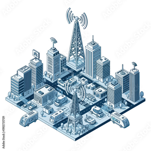 Isometric Cityscape with Wireless Communication Towers and Connected Vehicles.