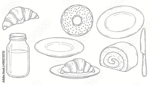 Hand Drawn Sketch of Breakfast Pastries and Drinks.