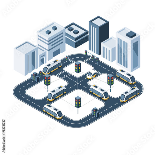 Isometric Cityscape with Autonomous Vehicles and Smart Traffic Management.
