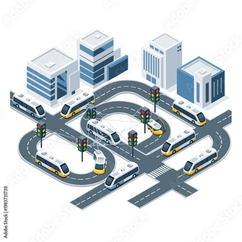 Isometric Cityscape with Modern Trains and Buildings.