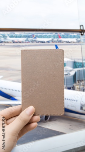 Blank passport cover held by a hand against a large airport terminal window with airplanes, travel document mockup