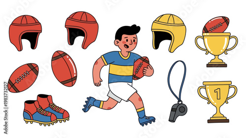Rugby Player and Equipment Collection Illustration.