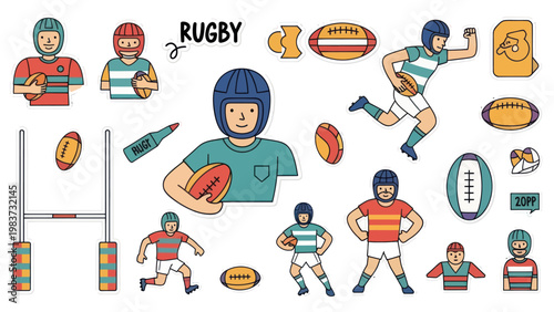 Rugby Players and Equipment Doodle Set.