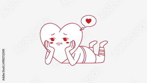 Sad Heart Character Lying Down Thinking About Love.