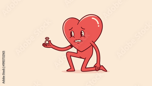 Sad Heart Character Proposing with Ring.