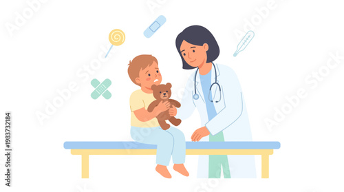 A young doctor examines a child with medical discomfort on a table.