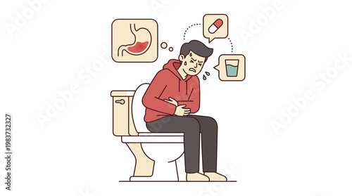 Man sitting on toilet experiencing medical discomfort with stomach pain
