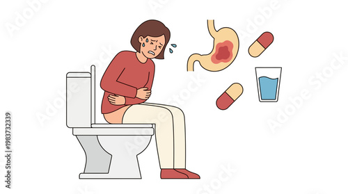 A woman experiences medical discomfort while sitting on a toilet with stomach issues and medication nearby.