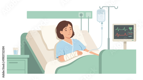 A woman experiences medical discomfort while lying in a hospital bed with an IV drip.