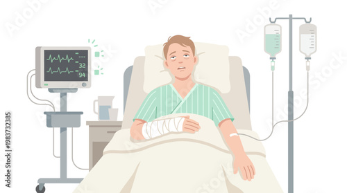 A man experiences medical discomfort while lying in a hospital bed with an IV drip and monitor nearby.