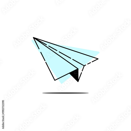 A minimalist line art illustration of a paper airplane in flight with a soft teal spot color fill. Geometric fold lines rendered with dashed detail strokes, dynamic angled composition.