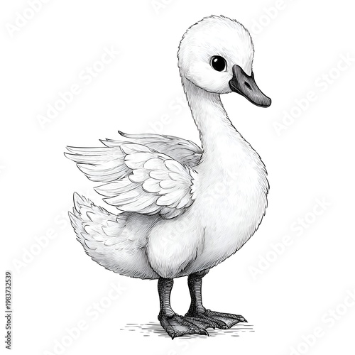 A charming sketch features a fluffy white swan cygnet with its delicate wings slightly open, captured in intricate detail on a white background.