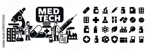Medical technology icons and symbols representing healthcare and pharmaceutical research