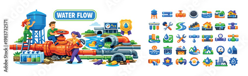 Water infrastructure and flow management with people and icons