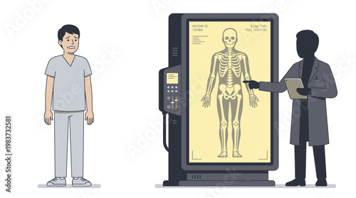 A doctor discusses medical discomfort with a patient using an X-ray machine