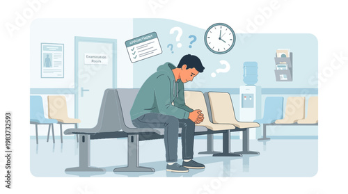 A man experiences medical discomfort while sitting alone on a bench in a waiting room.