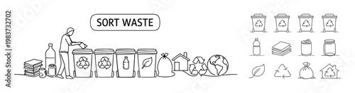 Man sorting waste into recycling bins with various recyclable items and icons