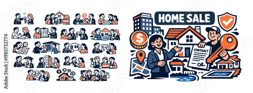 Real estate agents and clients engaging in various property transaction activities