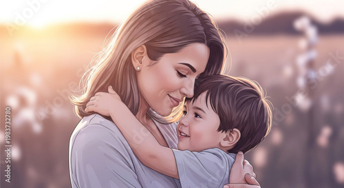 Mother and son in a loving embrace at sunset.