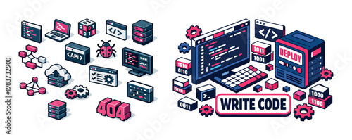 Digital illustration of programming concepts and software development icons