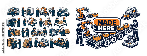 Modern factory automation with robots and workers on assembly lines