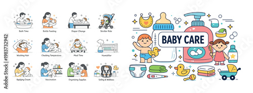 Comprehensive collection of baby care icons and illustrations for daily routines