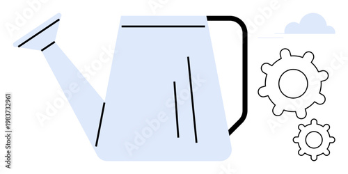 Gardening, innovation, teamwork, growth, optimization, resource management. A watering can next to gears and a cloud shape. Gardening and innovation concept promoting development and efficiency