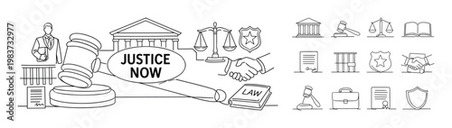 Justice now concept with legal symbols and courtroom elements
