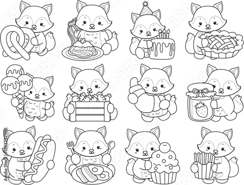 Coloring pages of Cute set of Fox sticker with activity. Outline of Fox with variation of activity