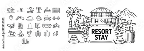 Resort vacation icons and illustration showing check-in and amenities