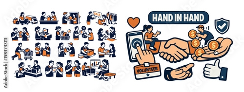 Diverse people engaged in various commercial and charitable activities, symbolizing connection and support