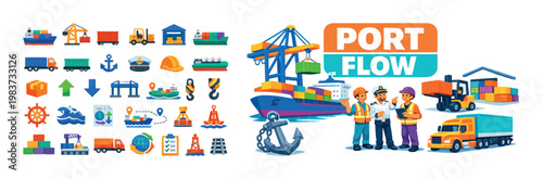 Maritime logistics and cargo transportation icons with port workers and vessels