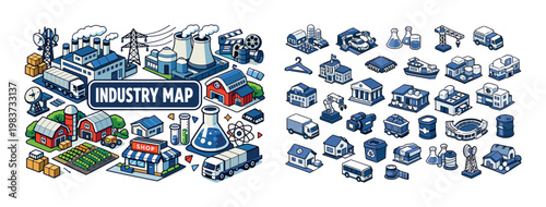 Isometric industry map icons showing diverse sectors from agriculture to manufacturing and services