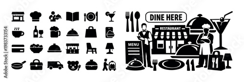 Collection of restaurant and cafe icons representing dining and hospitality services