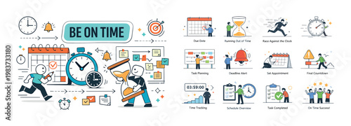 Time management and productivity concepts illustrated with icons and characters