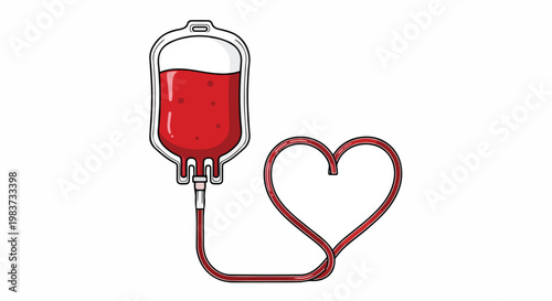 Illustration of a blood bag with a tube forming a heart shape on a white background with red and grey tones.